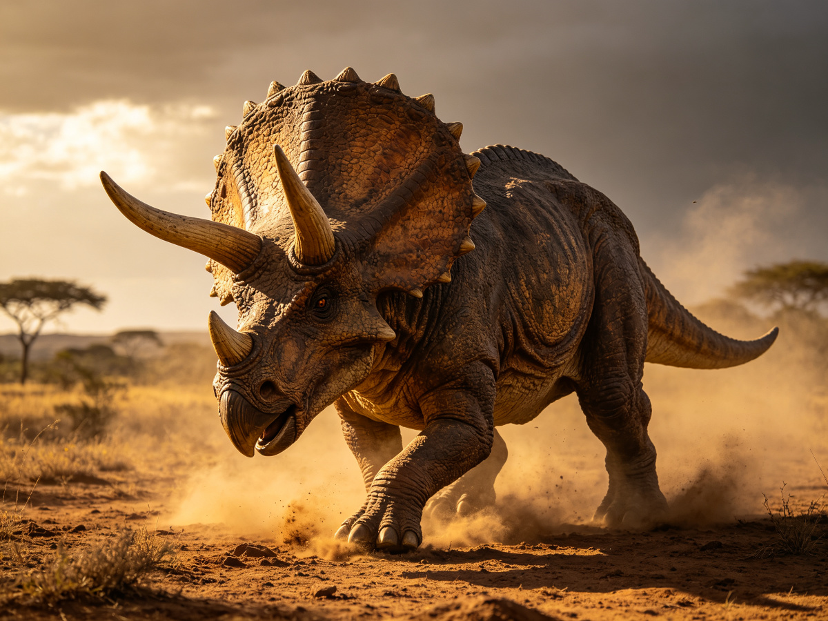 Charging animatronic Triceratops dinosaur with three horns and detailed neck frill