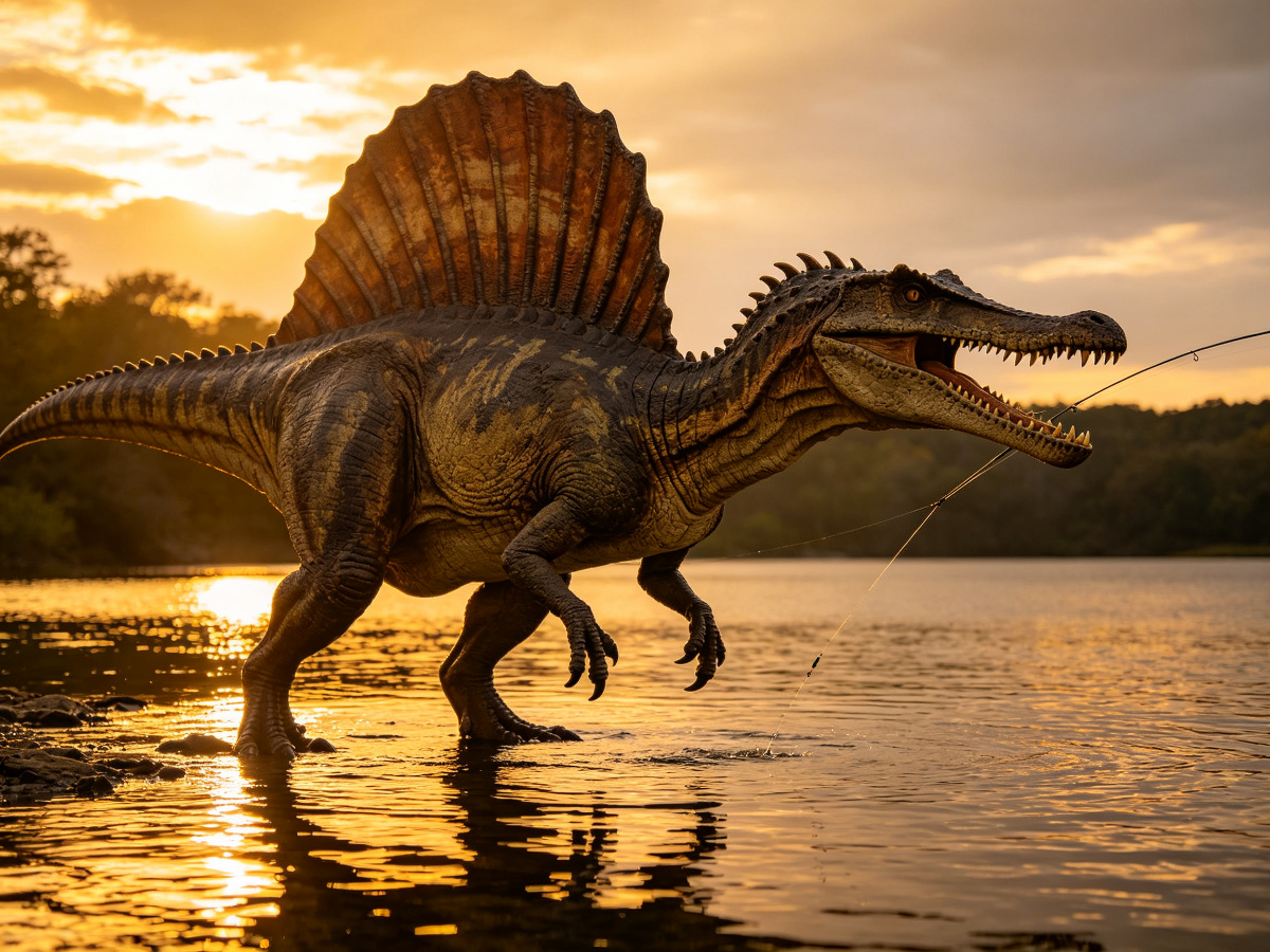 Fishing Spinosaurus animatronic dinosaur with iconic sail on back and jaws reaching for water