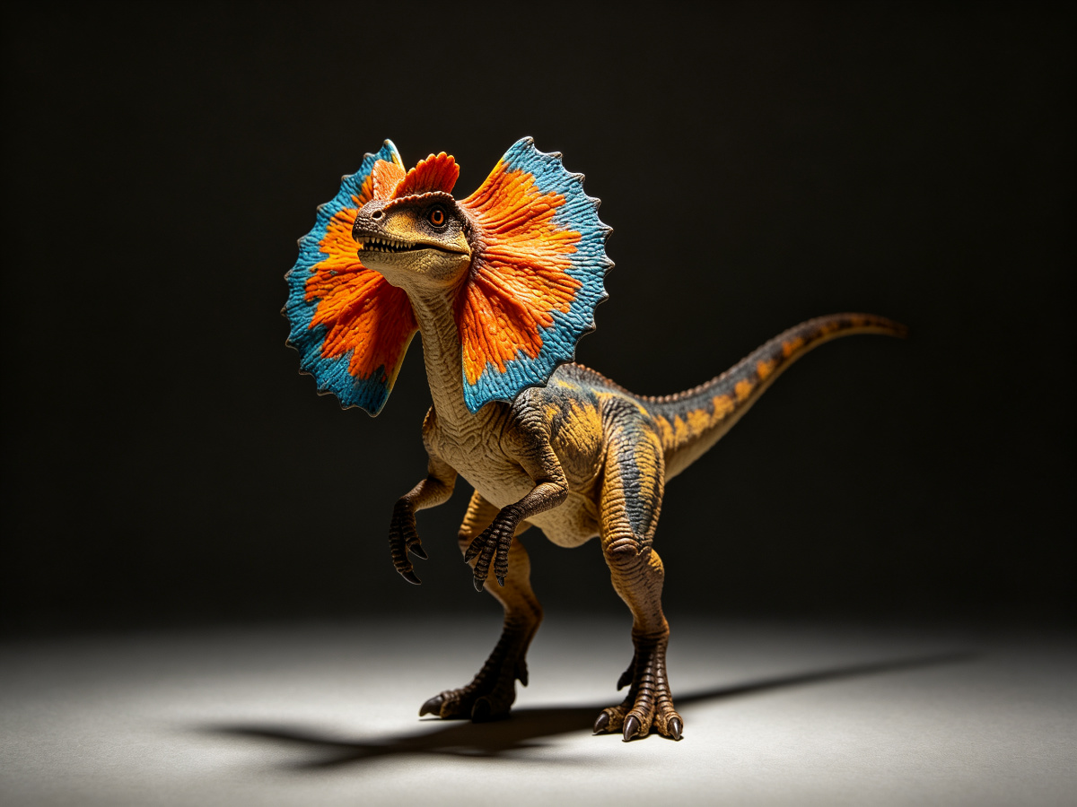 Frilled Dilophosaurus animatronic dinosaur with colorful neck frill fully extended