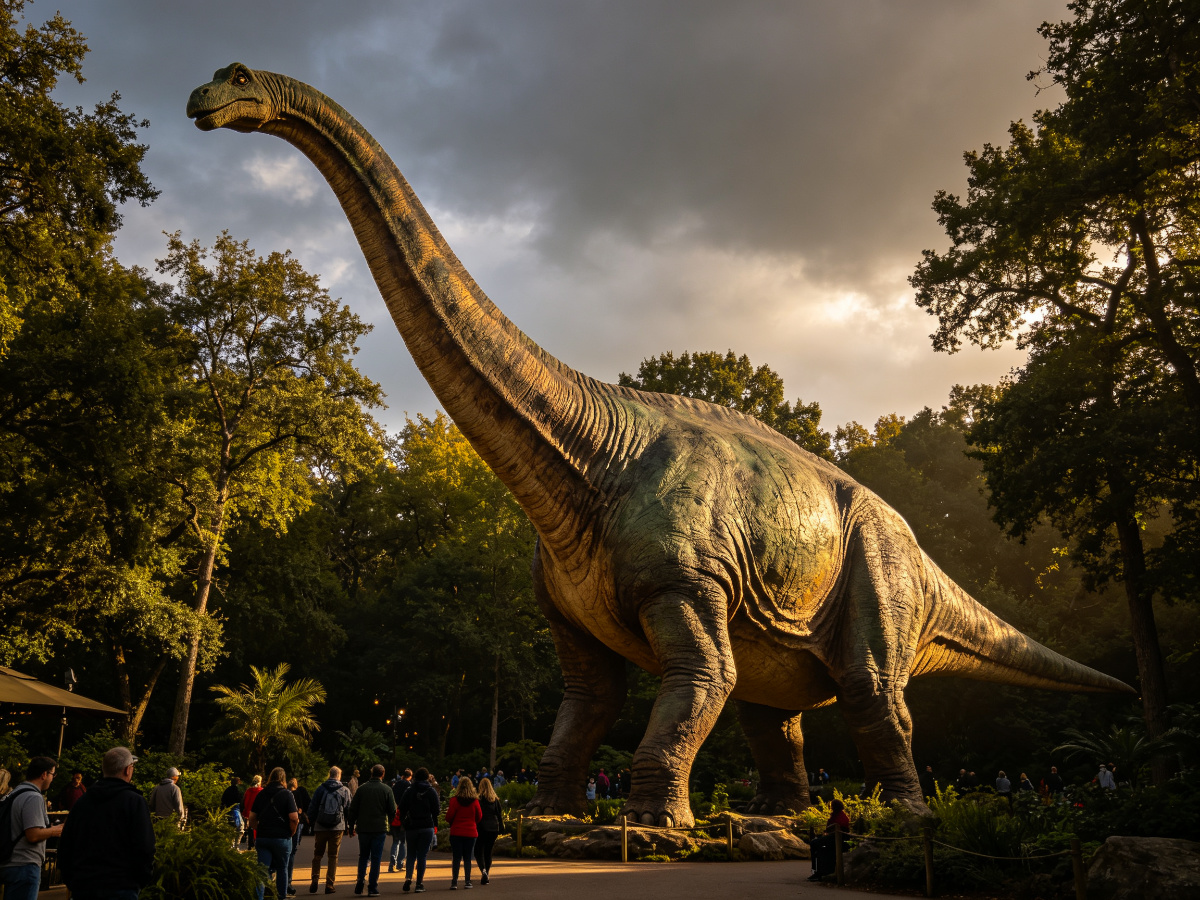 Giant animatronic Brachiosaurus dinosaur with long neck towering high, life-size sauropod model