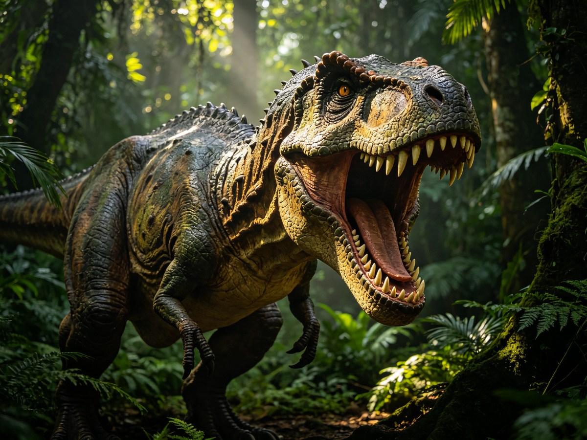 Giant roaring T-Rex animatronic dinosaur with realistic silicone skin, moving jaws, and roaring pose
