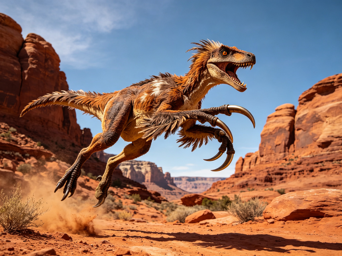 Leaping Utahraptor — life-size animatronic dinosaur model from SAGE