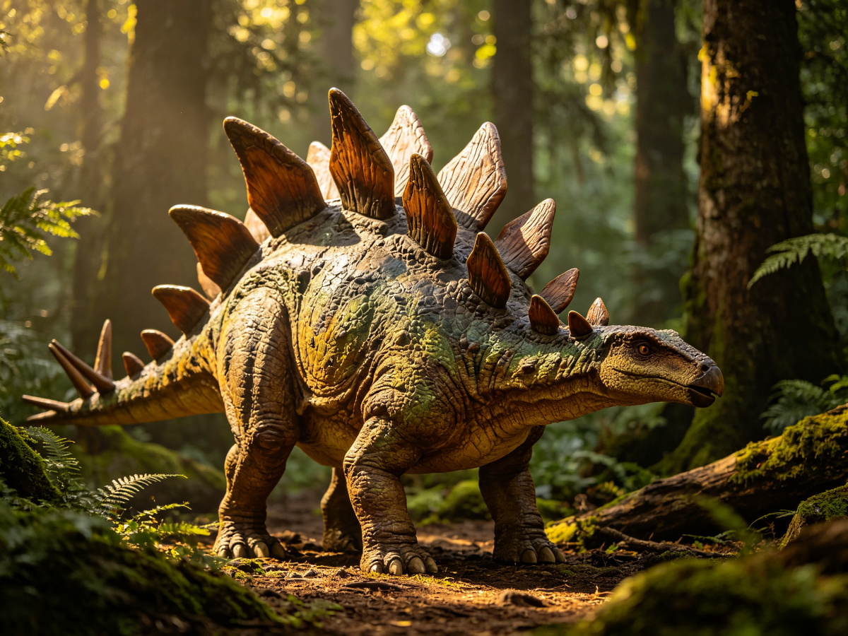 Profile view animatronic Stegosaurus dinosaur with raised back plates and spiked tail