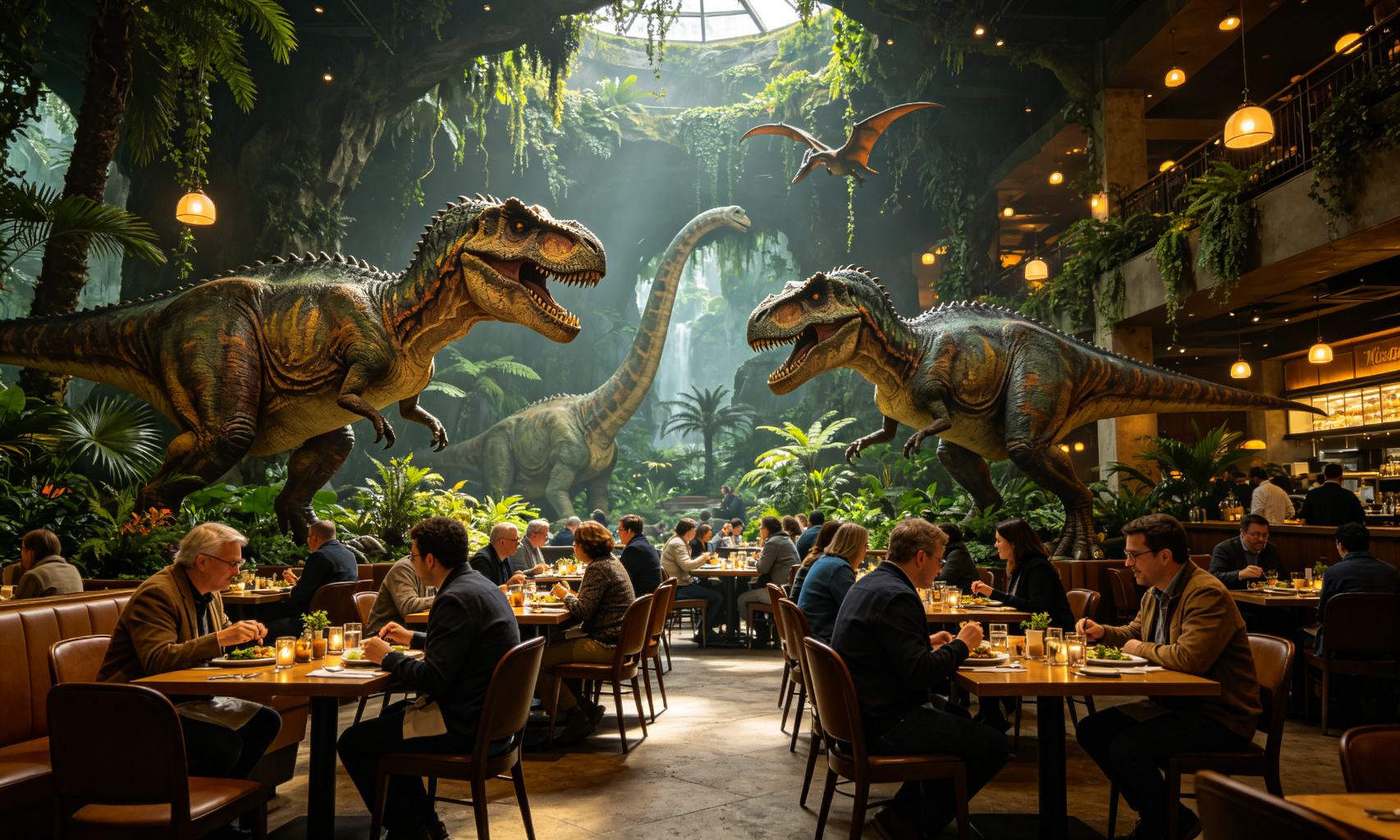 Animatronic dinosaur themed restaurant dining experience decoration