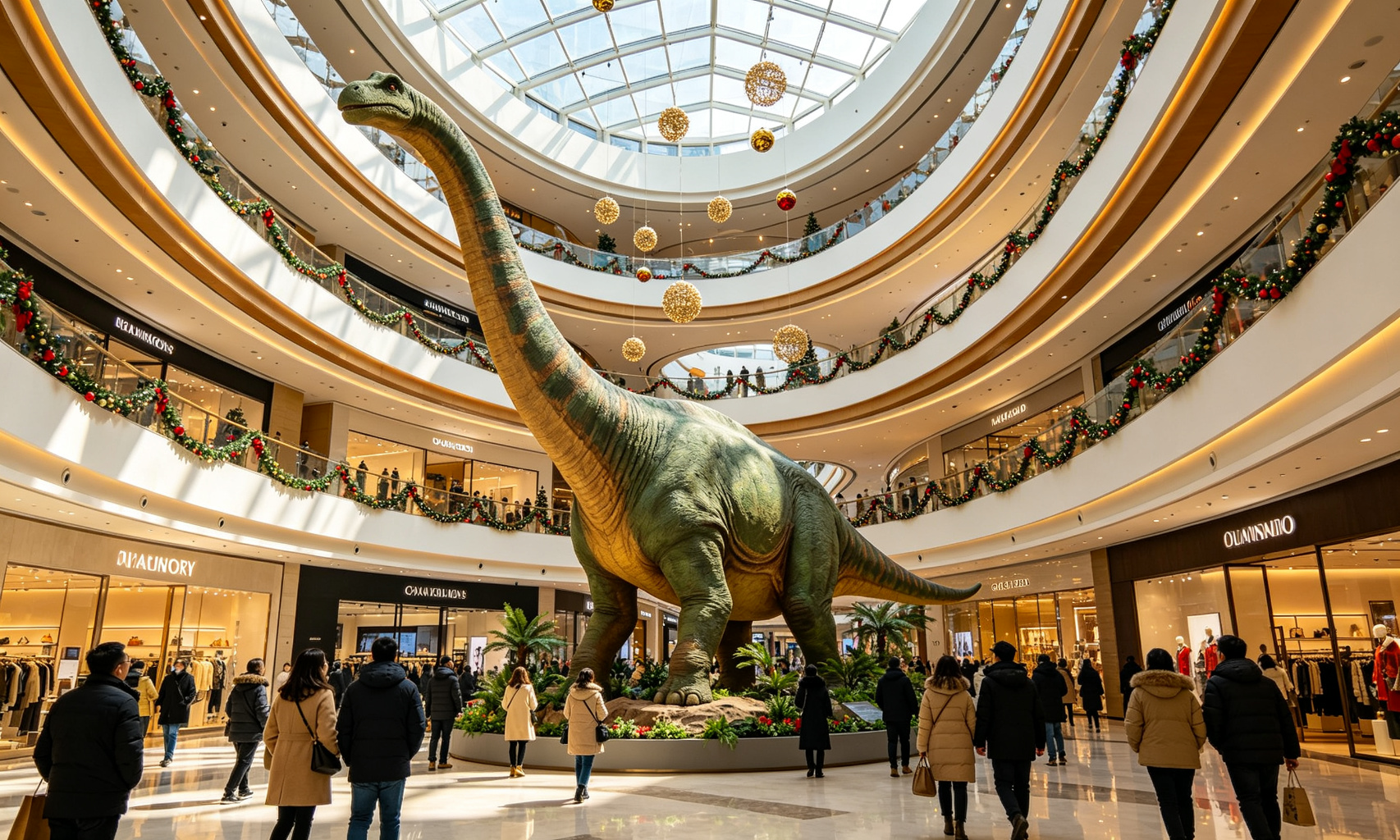 Animatronic dinosaur display at shopping mall atrium and retail center