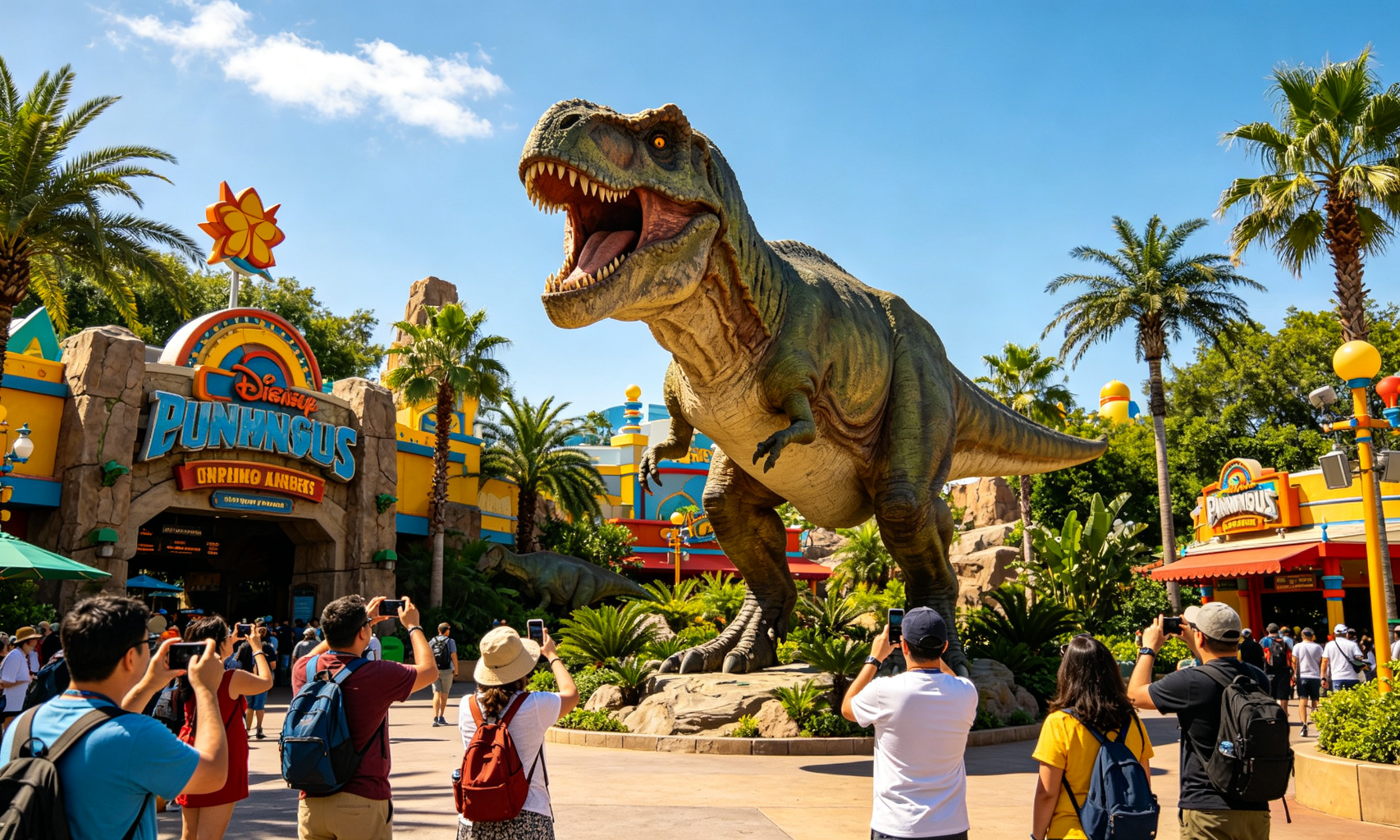 Life size animatronic T-Rex dinosaur at theme park entrance attraction