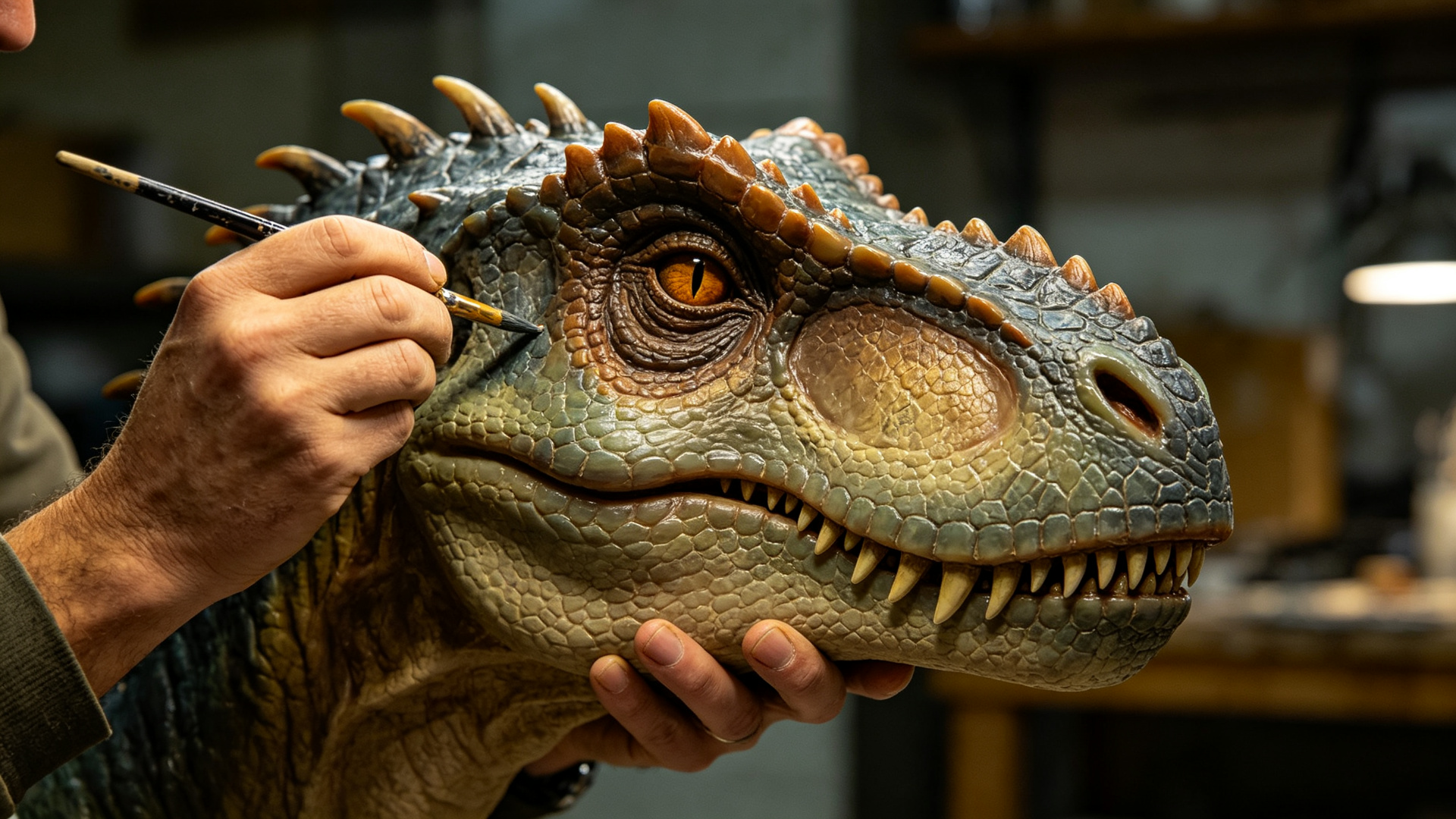 SAGE craftsman carefully painting the details of a realistic animatronic dinosaur skin in the workshop